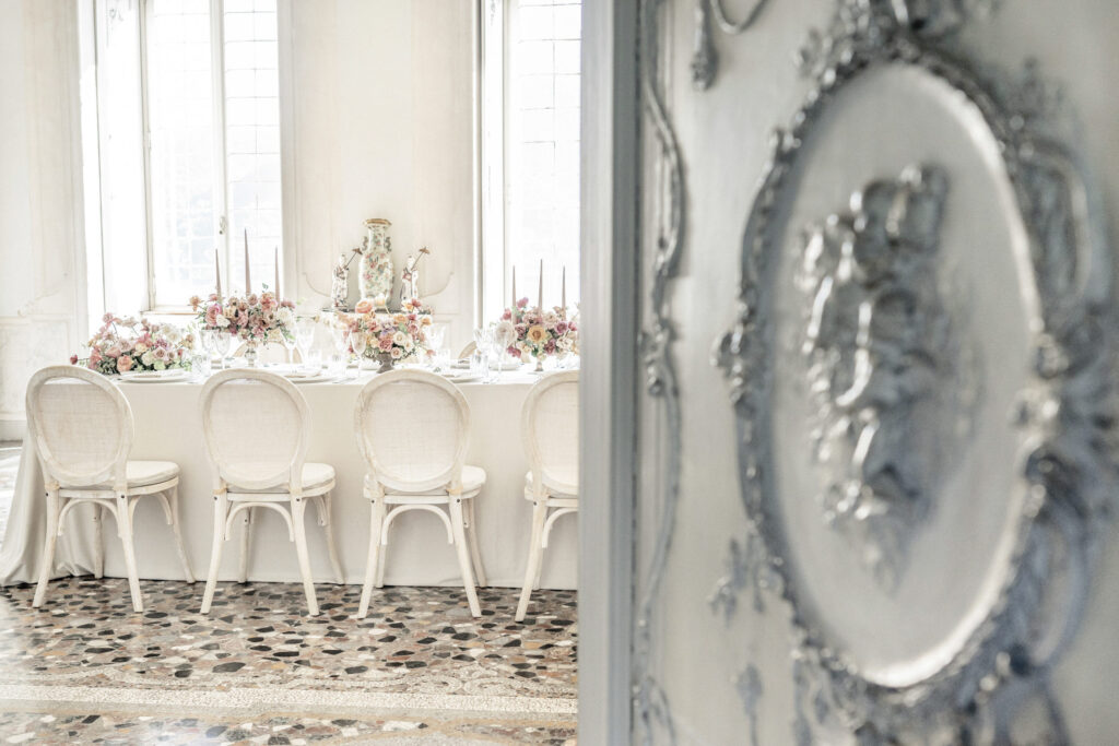 Wedding banquet table set up at Villa Sola Cabiati in Italy